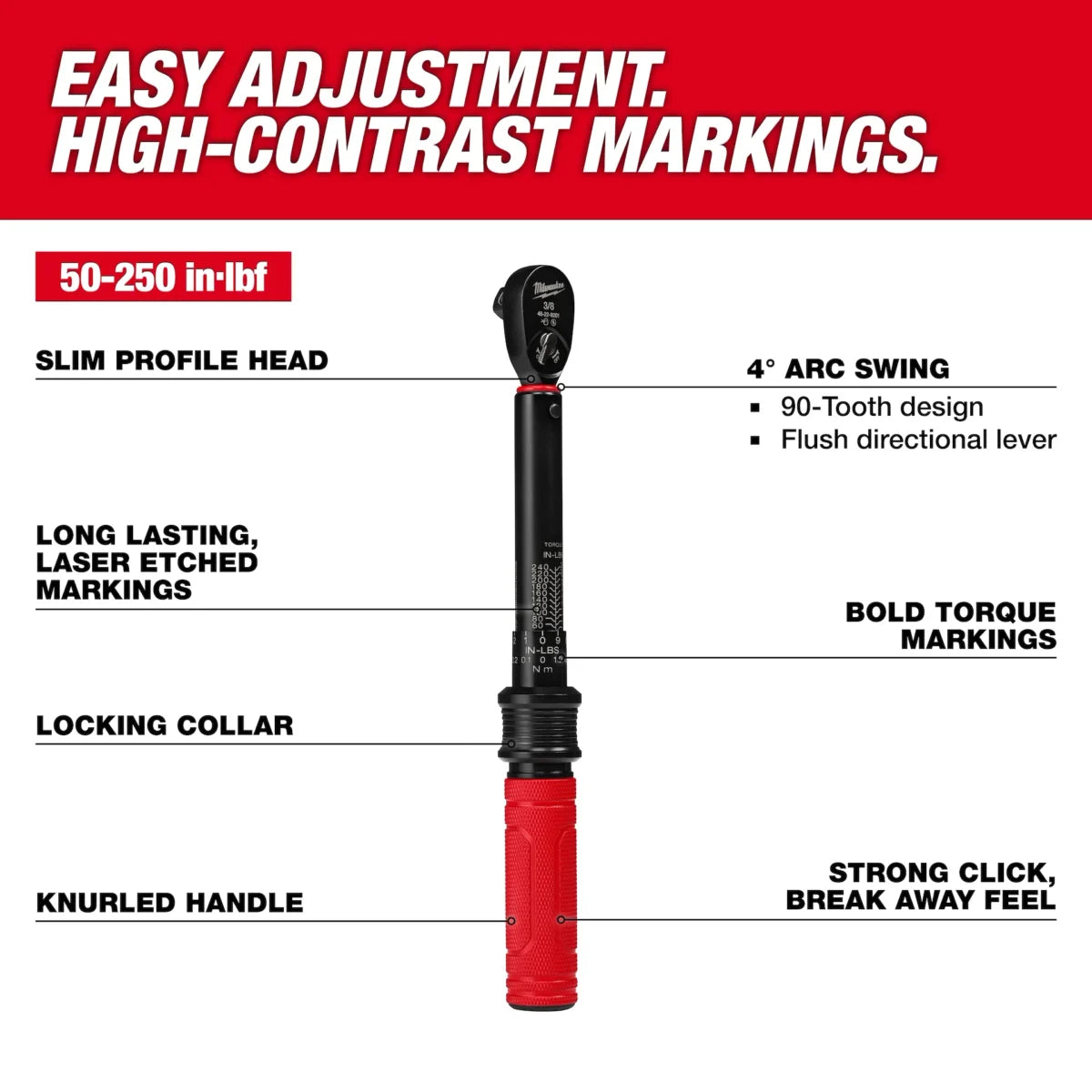 PREORDER: Milwaukee Tool 3/8 Inch Drive Click Torque Wrench 50-250 in-lbf