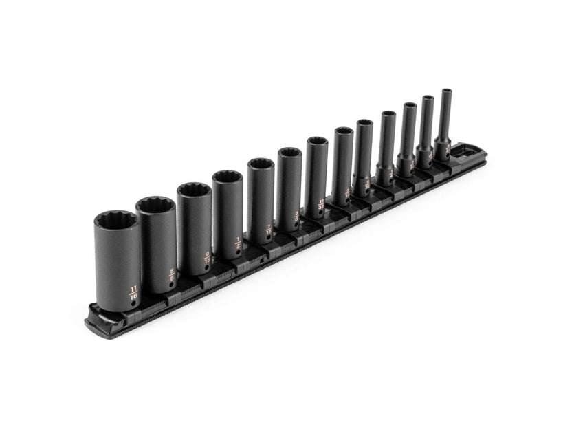 TEKTON 1/4 Inch Drive Deep 12-Point Impact Socket Set with Rail, 13-Piece (5/32-11/16 in.) | SID90105 Main image