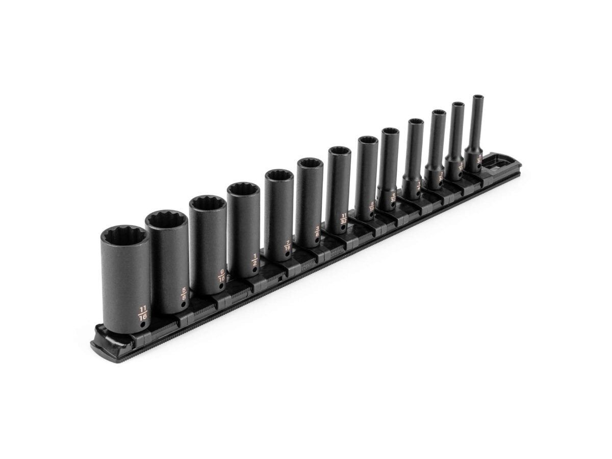 TEKTON 1/4 Inch Drive Deep 12-Point Impact Socket Set with Rail, 13-Piece (5/32-11/16 in.) | SID90105