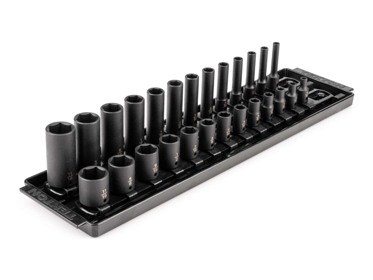 TEKTON 1/4 Inch Drive 6-Point Impact Socket Set with Rails and Tray, 26-Piece (5/32-11/16 in.) | SID90200