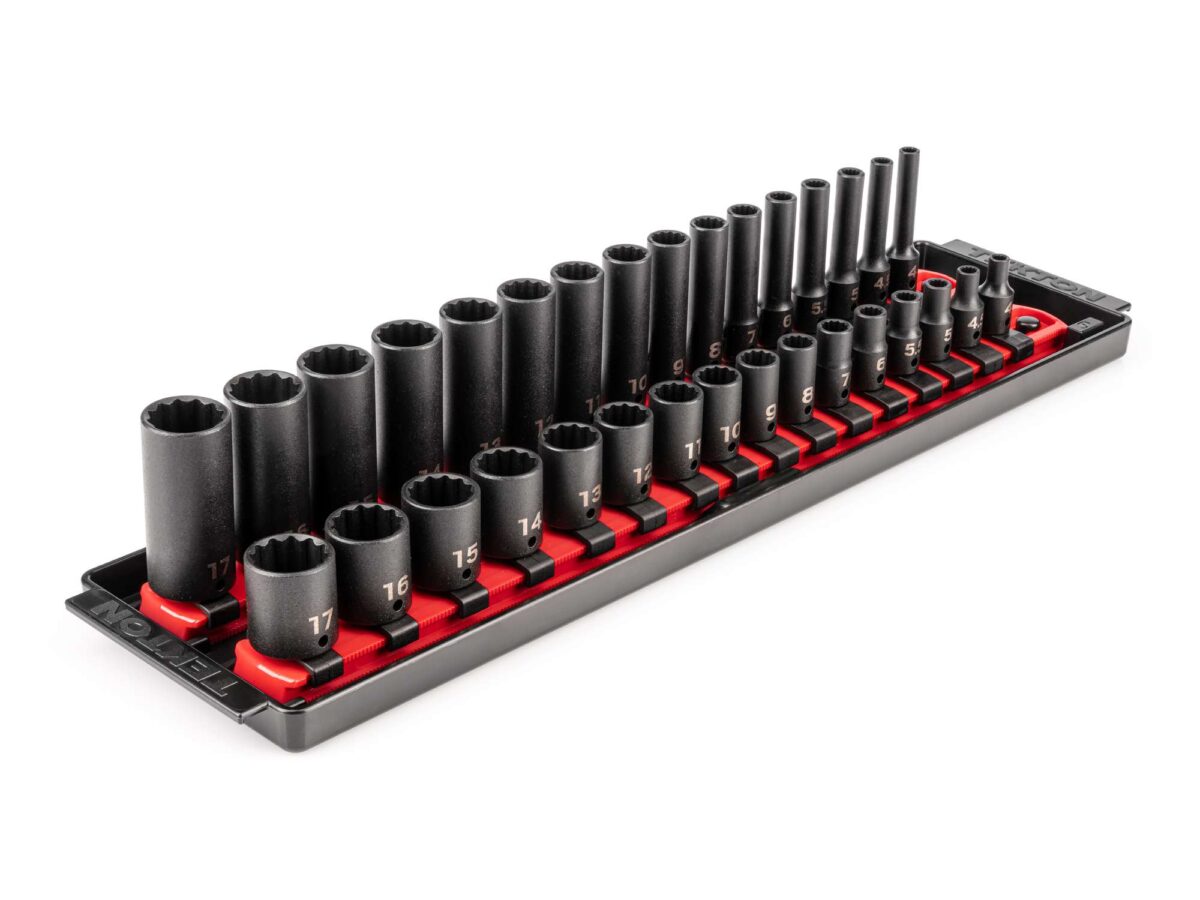 TEKTON 1/4 Inch Drive 12-Point Impact Socket Set with Rails and Tray, 32-Piece (4-17 mm) | SID90204 Main image