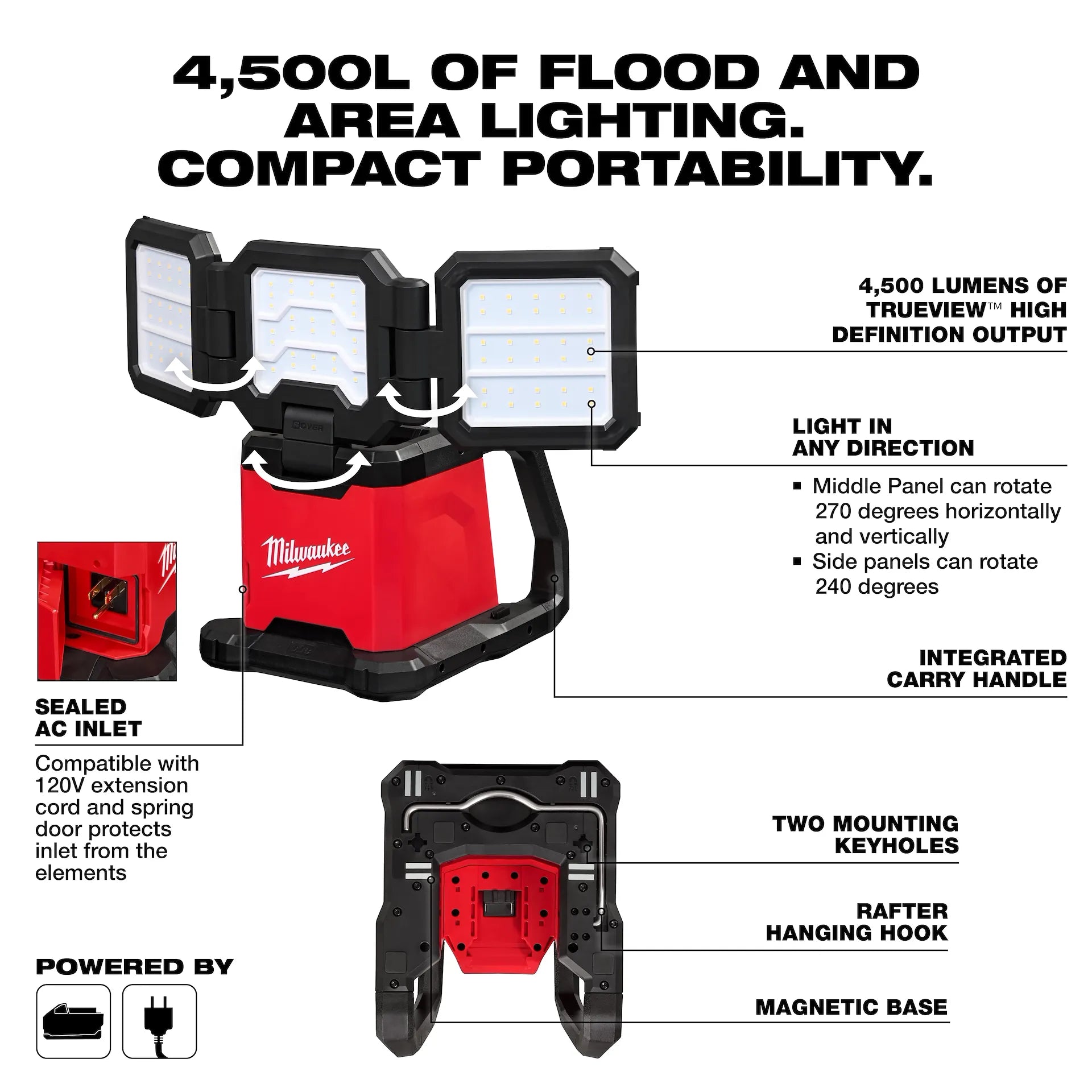 Milwaukee Tool M18 18-Volt Lithium-Ion Cordless 4500 Lumens ROVER Dual Power Triple-Panel Flood & Area Light Secondary image