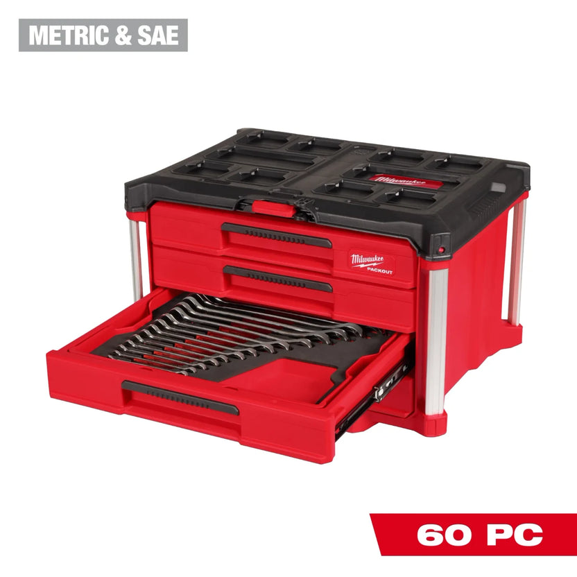 Milwaukee Tool 60 Piece Metric and SAE Combination Wrench Set with PACKOUT 4 Drawer Tool Box Main image