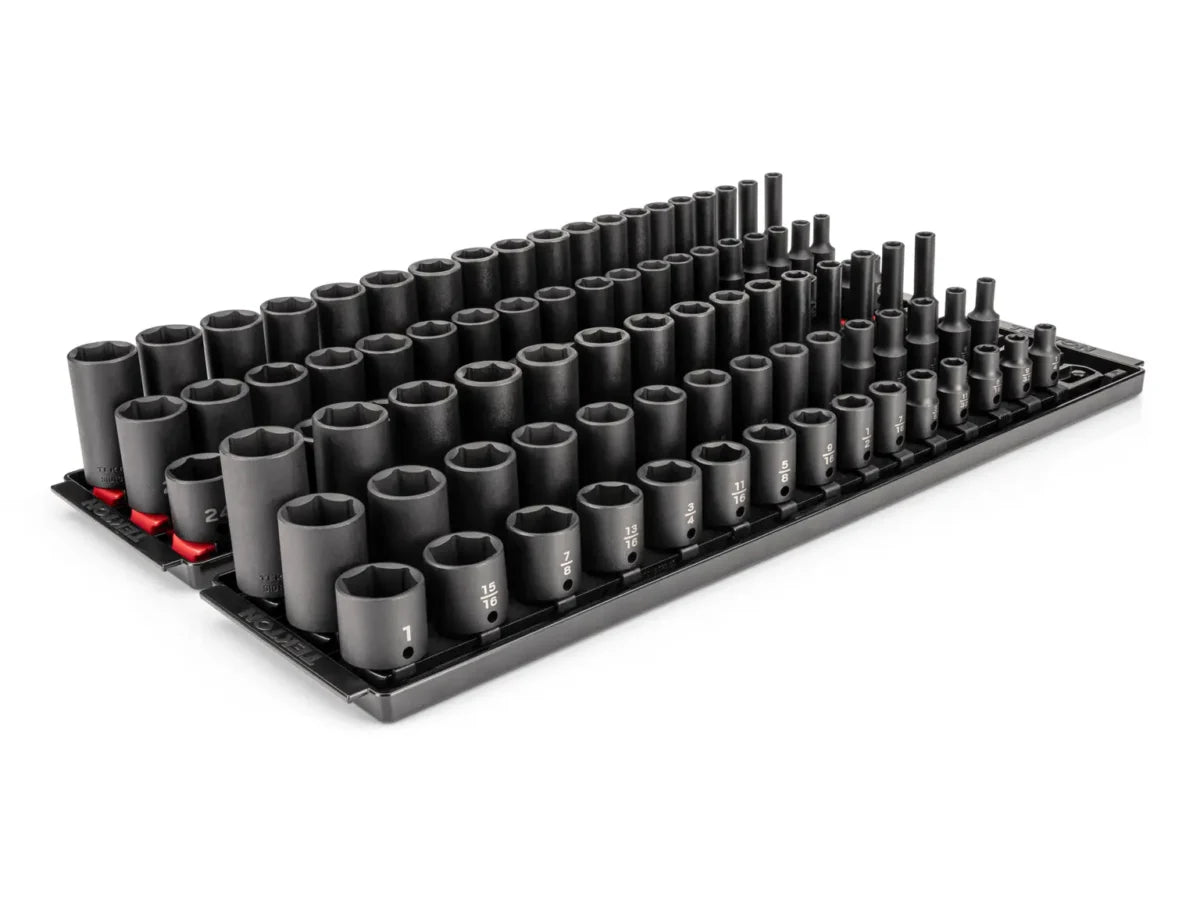 3/8 Inch Drive Shallow, Semi-Deep, and Deep 6-Point Impact Socket Set with Rails and Trays (102-Piece)