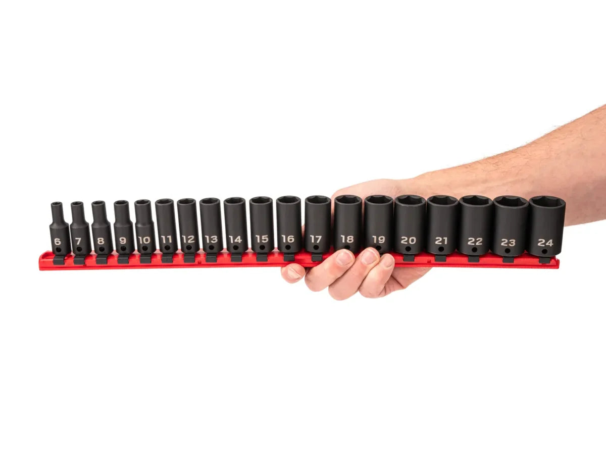 3/8 Inch Drive Shallow, Semi-Deep, and Deep 6-Point Impact Socket Set with Rails and Trays (102-Piece)