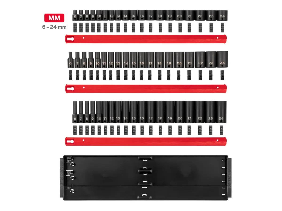 3/8 Inch Drive Shallow, Semi-Deep, and Deep 6-Point Impact Socket Set with Rails and Trays (57-Piece)
