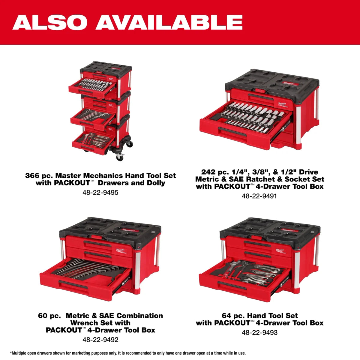 Milwaukee Tool 242 Piece 1/4 3/8 1/2 Inch Drive Metric and SAE Ratchet and Socket Set with Packout 4 Drawer Tool Box