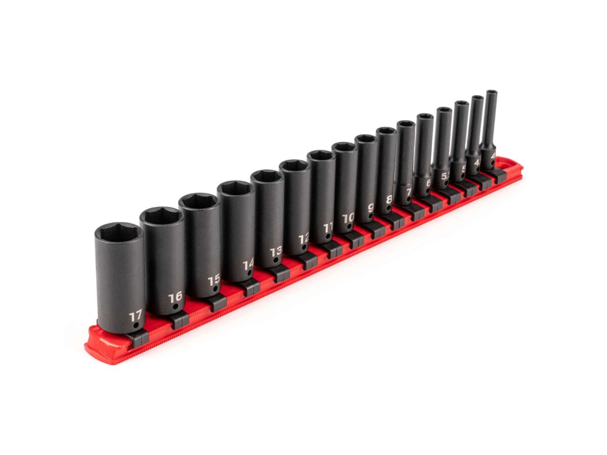 TEKTON 1/4 Inch Drive Deep 6-Point Impact Socket Set with Rail, 16-Piece (4-17 mm) | SID90103