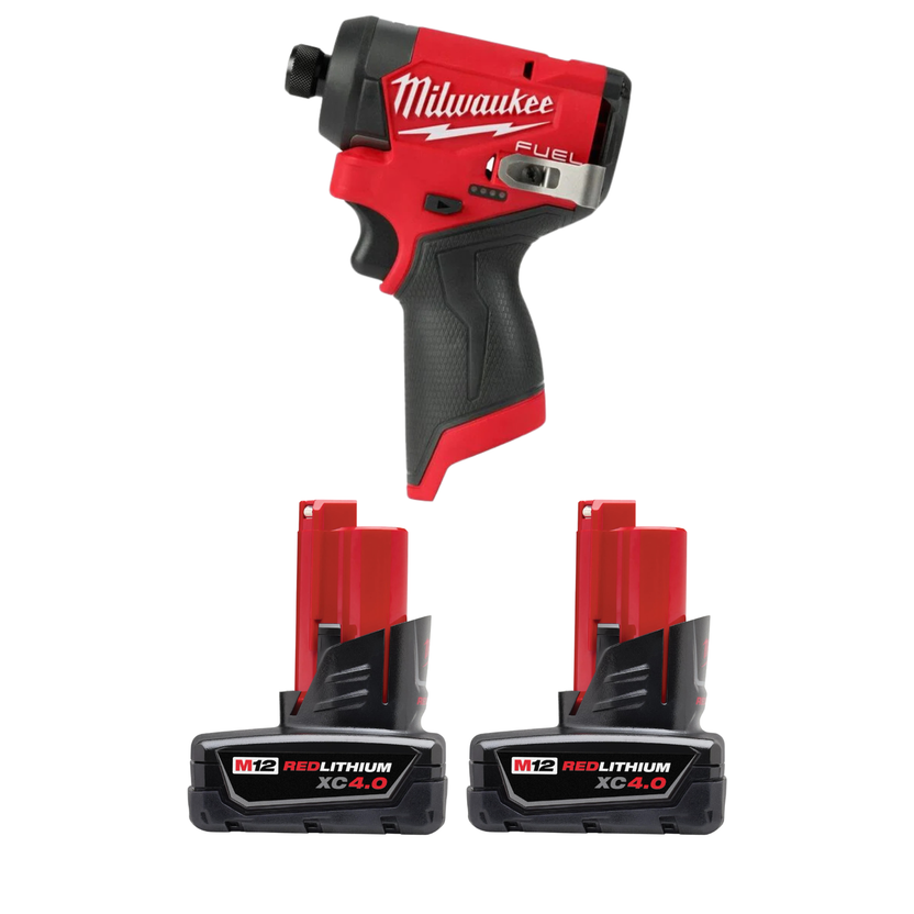 Milwaukee Tool M12 REDLITHIUM XC4.0 Battery - Two Pack w/M12 FUEL 1/4" Hex Impact Driver Main image