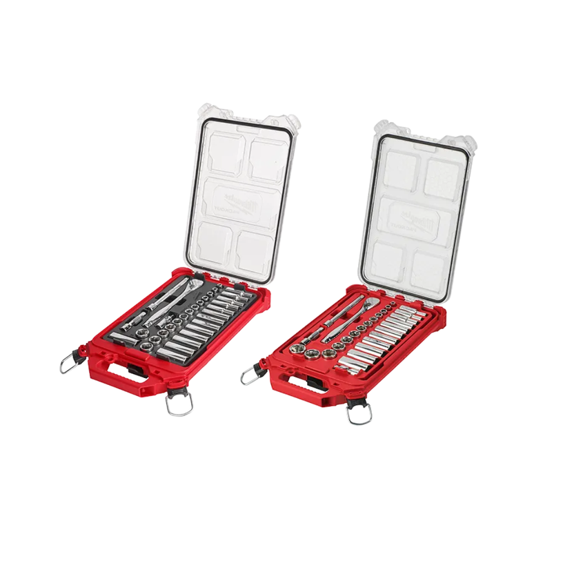 Milwaukee Tool 32pc Metric & 28pc SAE 3/8" Drive Chrome PACKOUT Socket Sets Main image