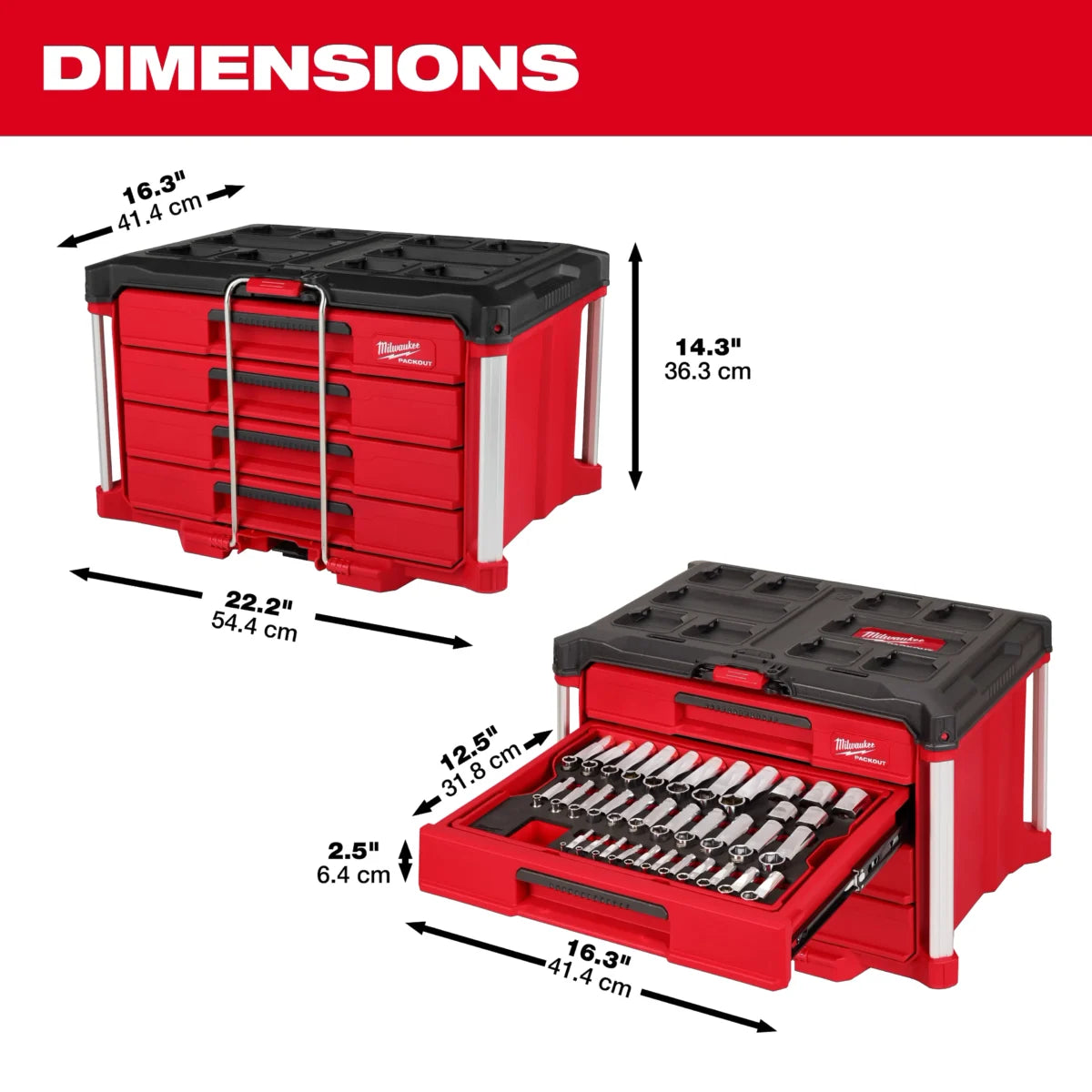 Milwaukee Tool 242 Piece 1/4 3/8 1/2 Inch Drive Metric and SAE Ratchet and Socket Set with Packout 4 Drawer Tool Box