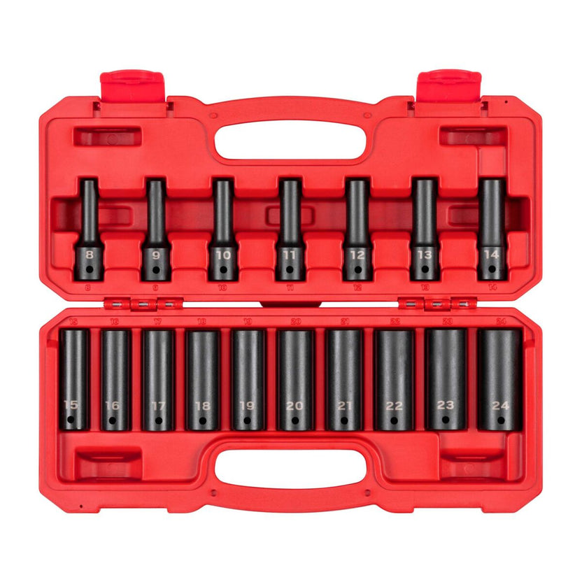TEKTON 1/2 Inch Drive Deep 12-Point Impact Socket Set with Case, 17-Piece (8-24 mm) | SID92339 Main image
