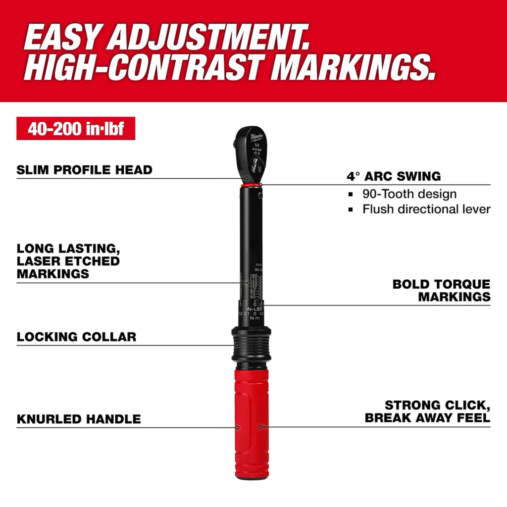 PREORDER: Milwaukee Tool 1/4 Inch Drive Click Torque Wrench 40-200 in-lbf