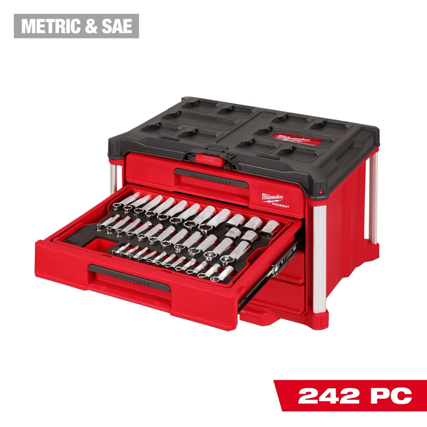 Milwaukee Tool 242 Piece 1/4 3/8 1/2 Inch Drive Metric and SAE Ratchet and Socket Set with Packout 4 Drawer Tool Box Main image