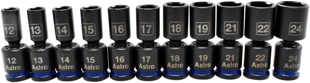 Astro Pneumatic 11pc 1/2 Inch Drive Mid-Length Pinless Universal Impact Sockets - Metric