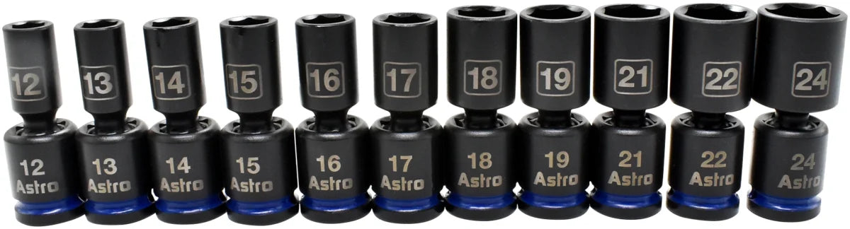 Astro Pneumatic 11pc 1/2 Inch Drive Mid-Length Pinless Universal Impact Sockets - Metric