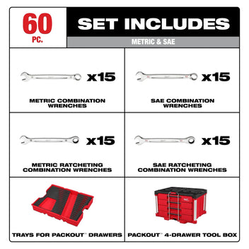 Milwaukee Tool 60 Piece Metric and SAE Combination Wrench Set with PACKOUT 4 Drawer Tool Box