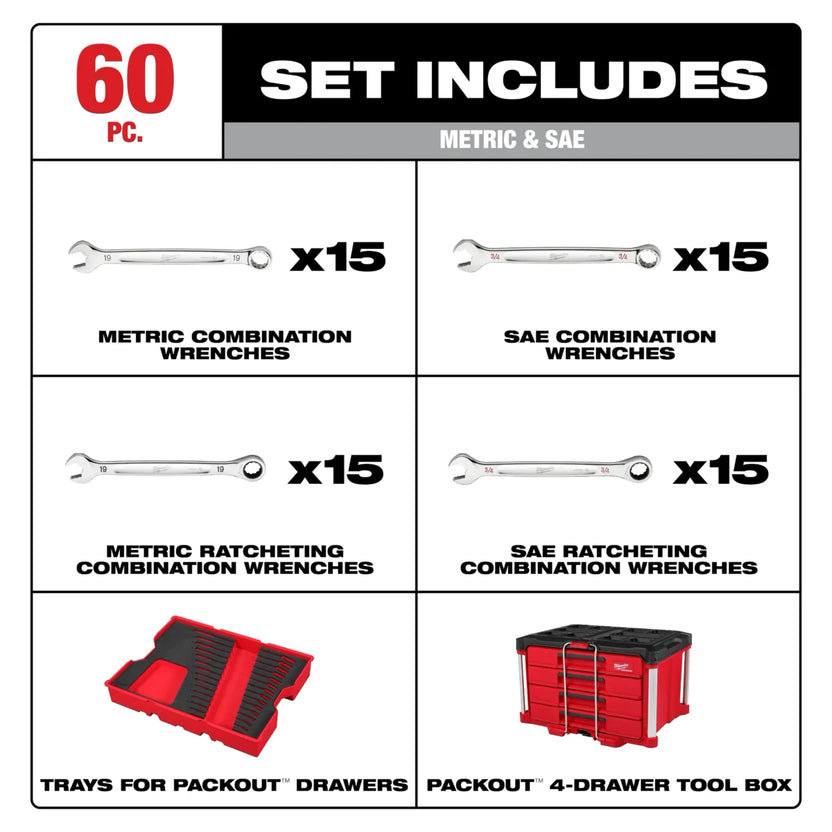 Milwaukee Tool 60 Piece Metric and SAE Combination Wrench Set with PACKOUT 4 Drawer Tool Box Secondary image