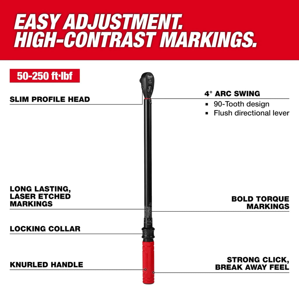 PREORDER: Milwaukee Tool 1/2 Inch Drive Click Torque Wrench 50-250 ft-lbf