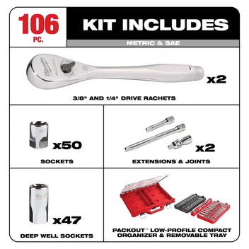 Milwaukee Tool 106pc 1/4" and 3/8" Metric & SAE Ratchet and Socket Set with PACKOUT Low-Profile Organizer