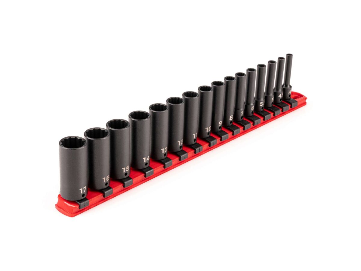 TEKTON 1/4 Inch Drive Deep 12-Point Impact Socket Set with Rail, 16-Piece (4-17 mm) | SID90107