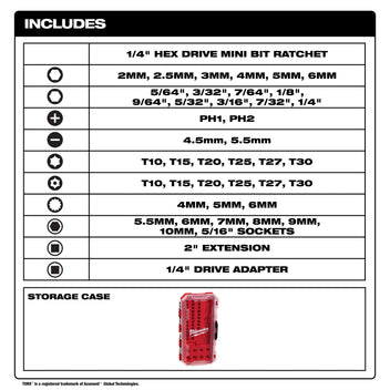 Milwaukee Tool 44 Piece 1/4 Inch Hex Drive Mini Flex Head Ratchet and Bit Set