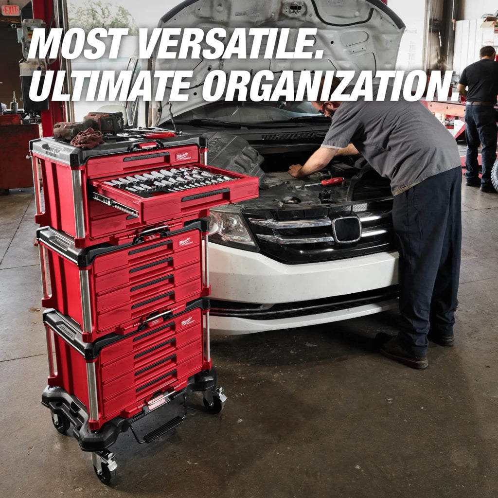 Milwaukee Tool 242 Piece 1/4 3/8 1/2 Inch Drive Metric and SAE Ratchet and Socket Set with Packout 4 Drawer Tool Box