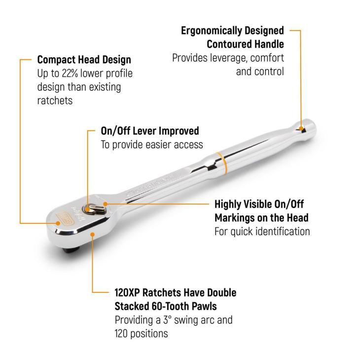 GEARWRENCH 4 Piece 1/4 Inch, 3/8 Inch, and 1/2 Inch Drive 120XP Full Polish Flex Handle Teardrop Ratchet Set