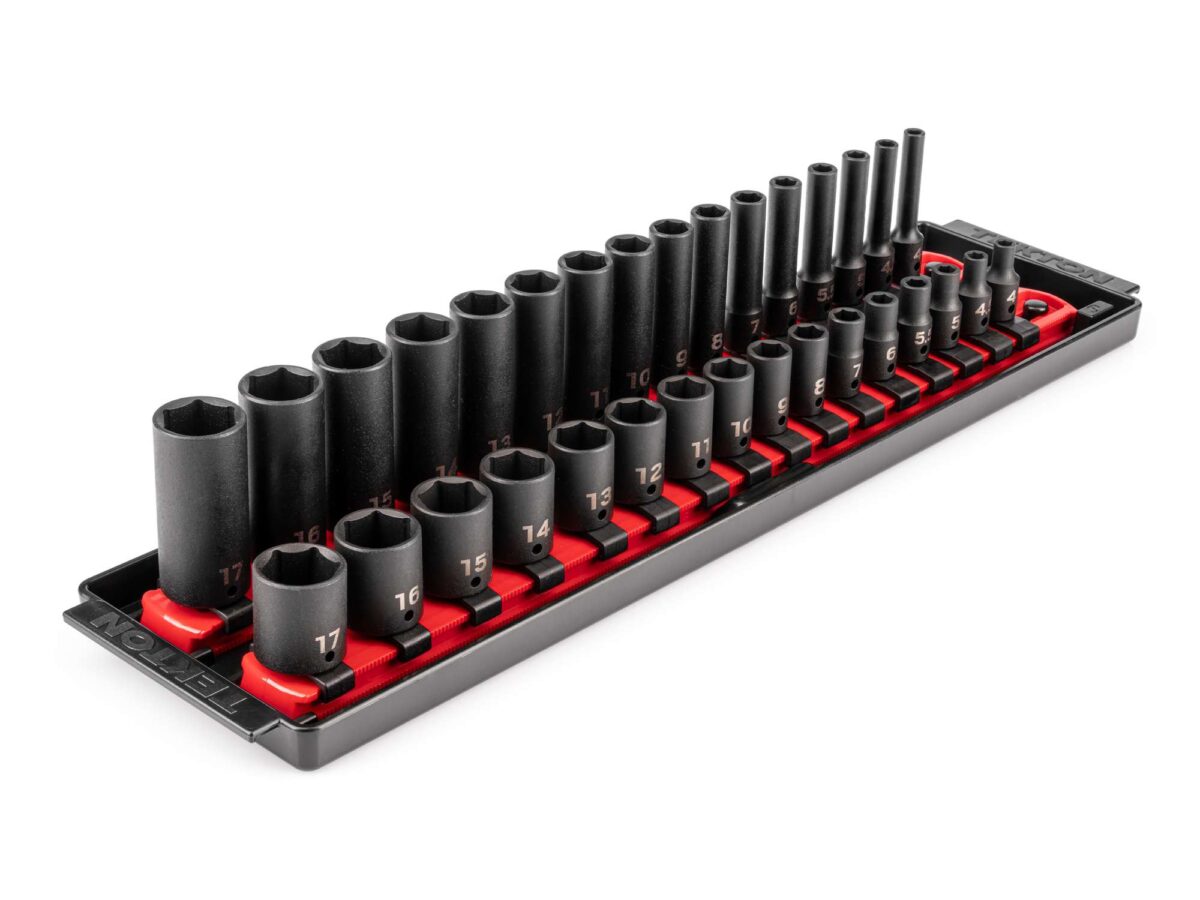 TEKTON 1/4 Inch Drive 6-Point Impact Socket Set with Rails and Tray, 32-Piece (4-17 mm) | SID90201 Main image