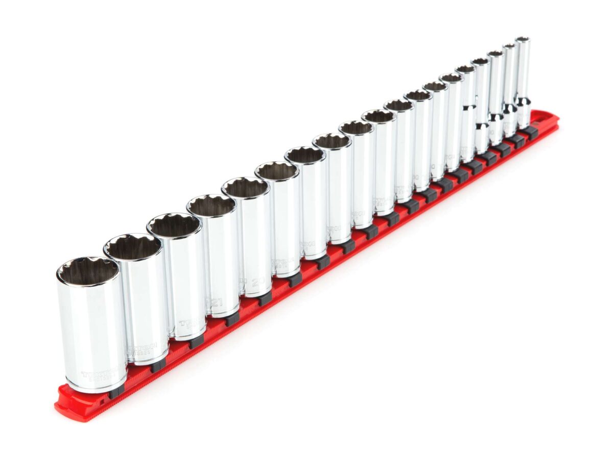 TEKTON 3/8 Inch Drive Deep 12-Point Socket Set with Rail, 19-Piece (6-24 mm) | SHD91116