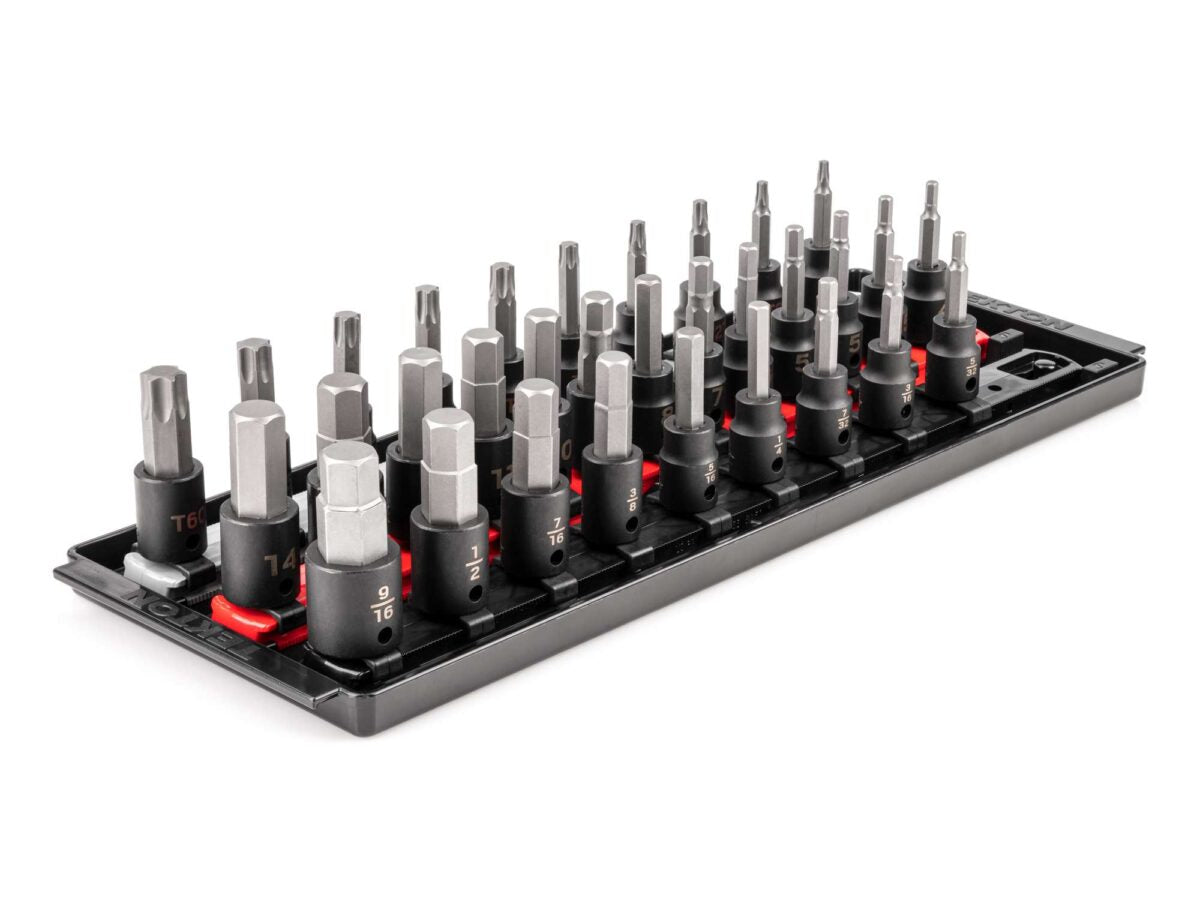 TEKTON 3/8 Inch Drive Hex and Torx Impact Bit Socket Set with Rails and Tray, 32-Piece (5/32-9/16 in., 4-14 mm, T20-T60) | SIB91202