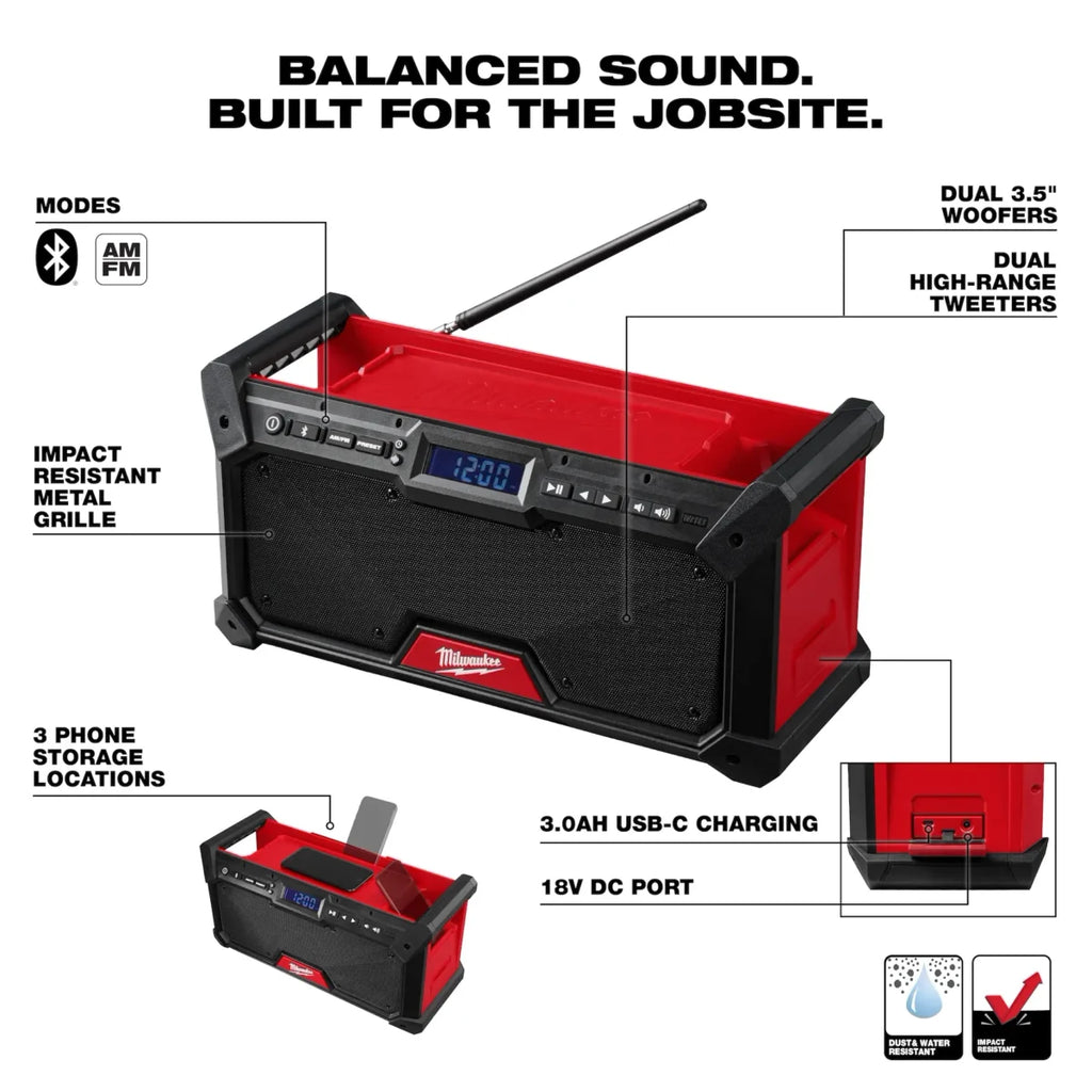 Milwaukee Tool M18 Bluetooth Jobsite Radio w/ 2 Pack of XC5.0 Batteries