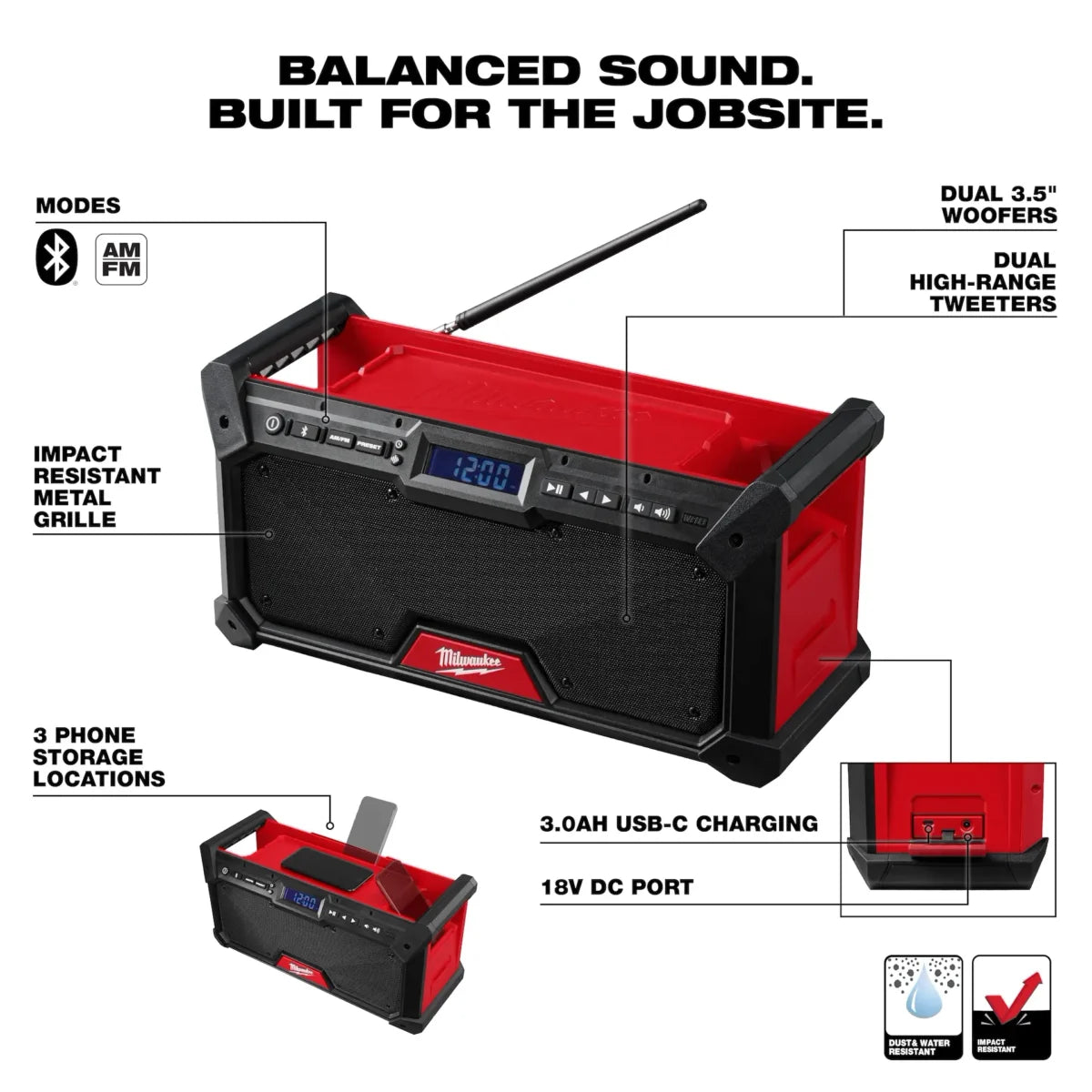 Milwaukee Tool M18 Bluetooth Jobsite Radio w/ 2 Pack of XC5.0 Batteries