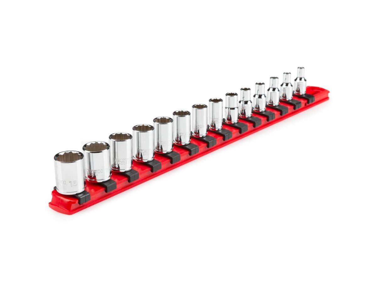 TEKTON 1/4 Inch Drive 12-Point Socket Set with Rail, 14-Piece (4-15 mm) | SHD90112 Main image