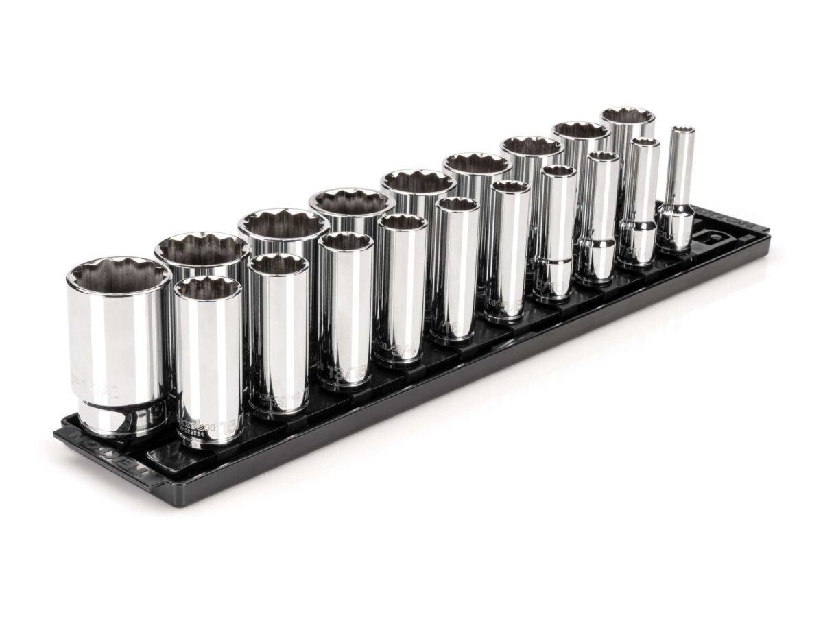 TEKTON 1/2 Inch Drive Deep 12-Point Socket Set with Rails and Tray, 19-Piece (3/8 - 1-1/2 in.) | SHD92127