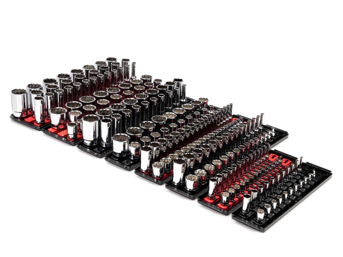 TEKTON 1/4, 3/8, 1/2 Inch Drive 12-Point Socket Set with Rails and Trays (214-Piece) | SHD99203