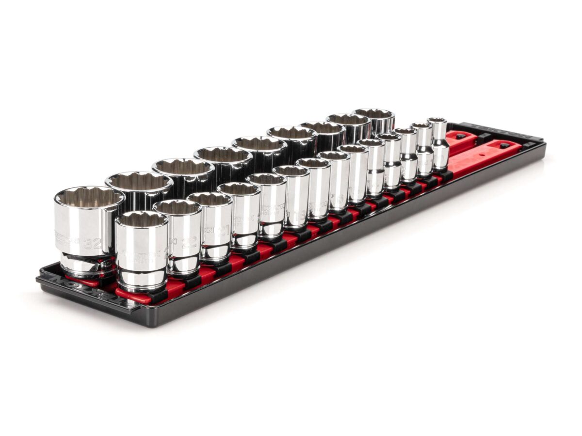 TEKTON 1/2 Inch Drive 12-Point Socket Set with Rails and Tray, 23-Piece (10-32 mm) | SHD92120 Main image