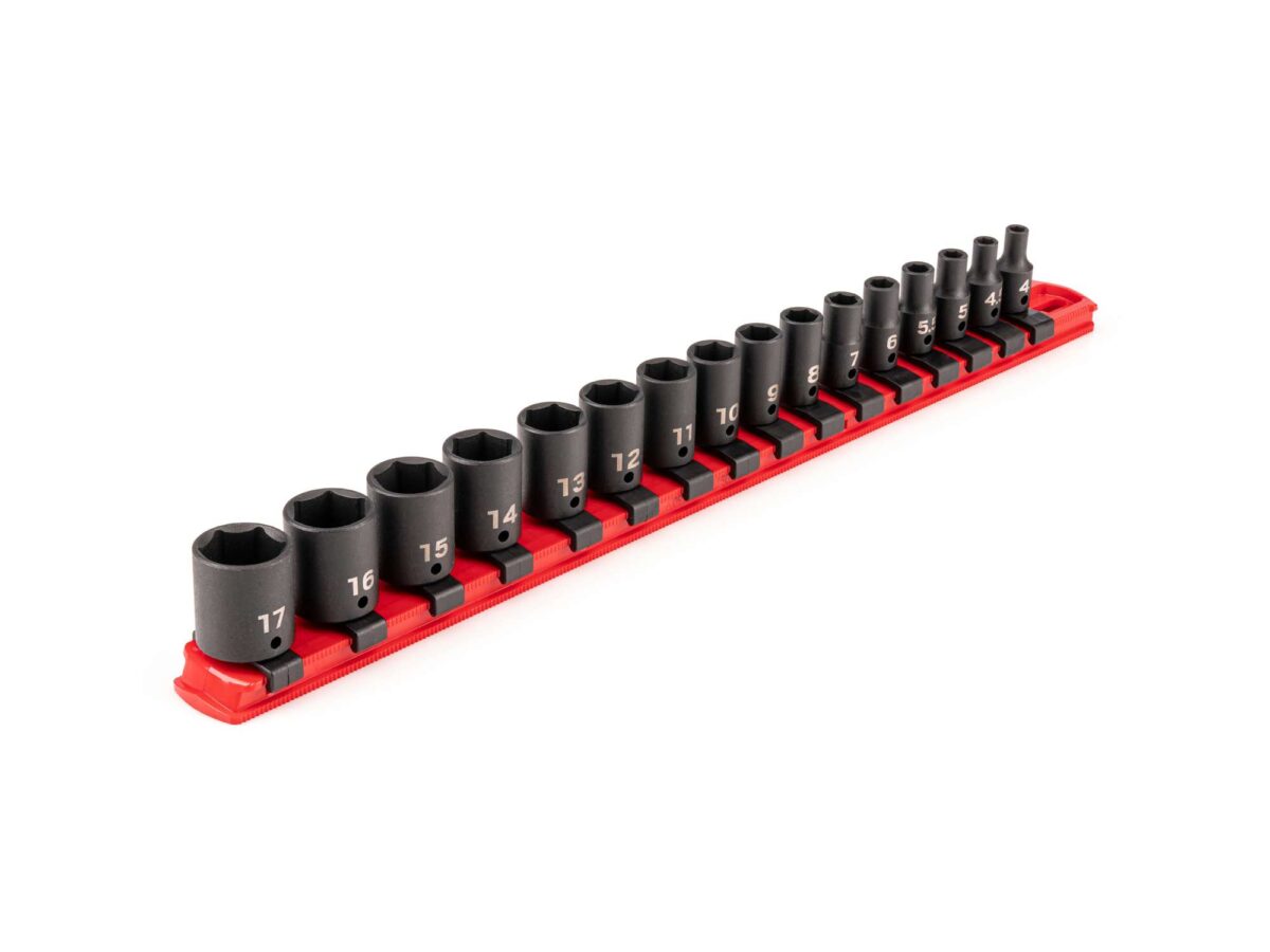 TEKTON 1/4 Inch Drive 6-Point Impact Socket Set with Rail, 16-Piece (4-17 mm) | SID90102