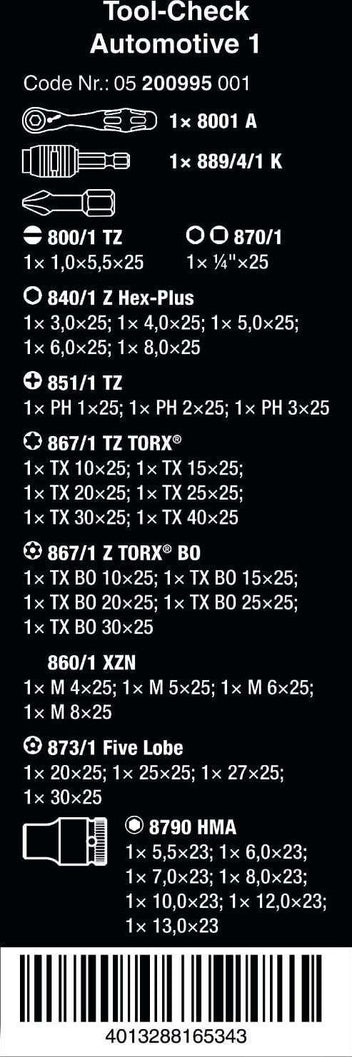 TOOL-CHECK AUTOMOTIVE 1 BITS ASSORTMENT WITH RATCHET + SOCKETS