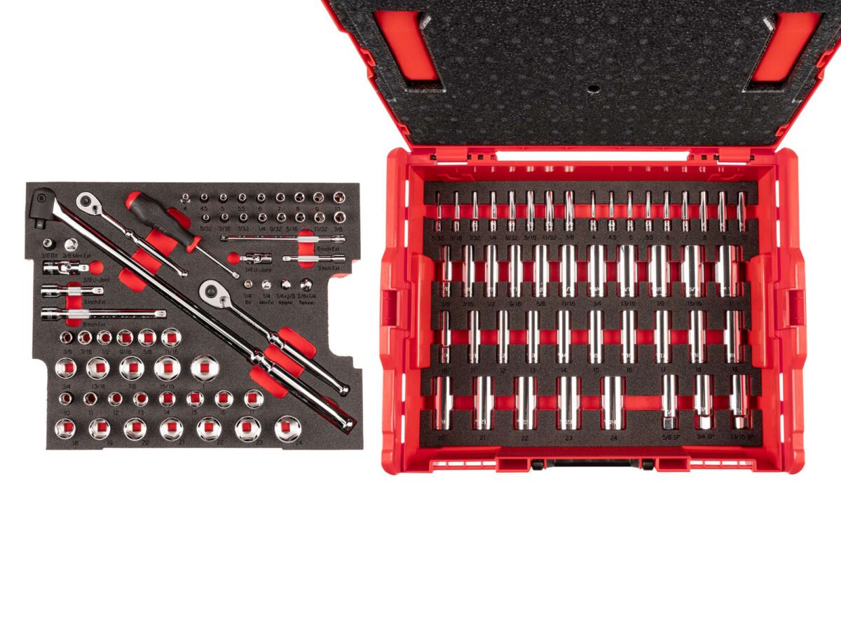 TEKTON 1/4, 3/8 Inch Drive 6-Point Socket Set with Lid Insert in Stacking Tool Box, 105-Piece (5/32 - 1 in., 4 - 24 mm) | OLB91301 Main image