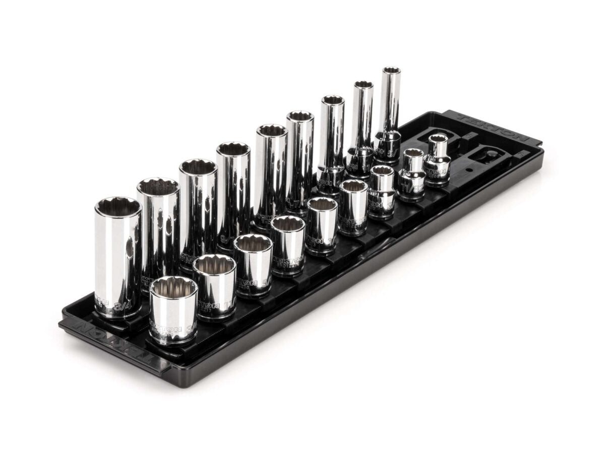 TEKTON 3/8 Inch Drive 12-Point Socket Set with Rails and Tray, 18-Piece (5/16-3/4 in.) | SHD91214 Main image