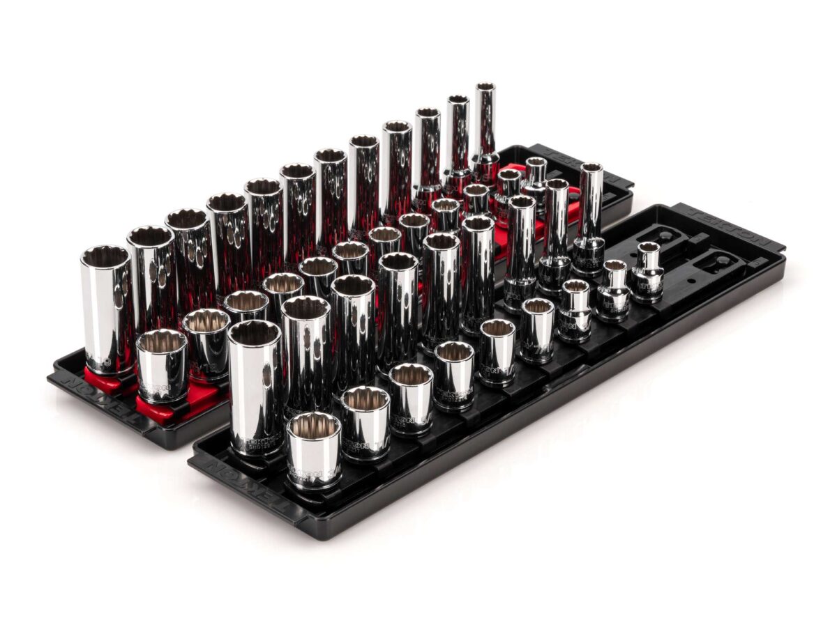 TEKTON 3/8 Inch Drive 12-Point Socket Set with Rails and Trays, 42-Piece (5/16-3/4 in., 8-19 mm) | SHD91219 Main image