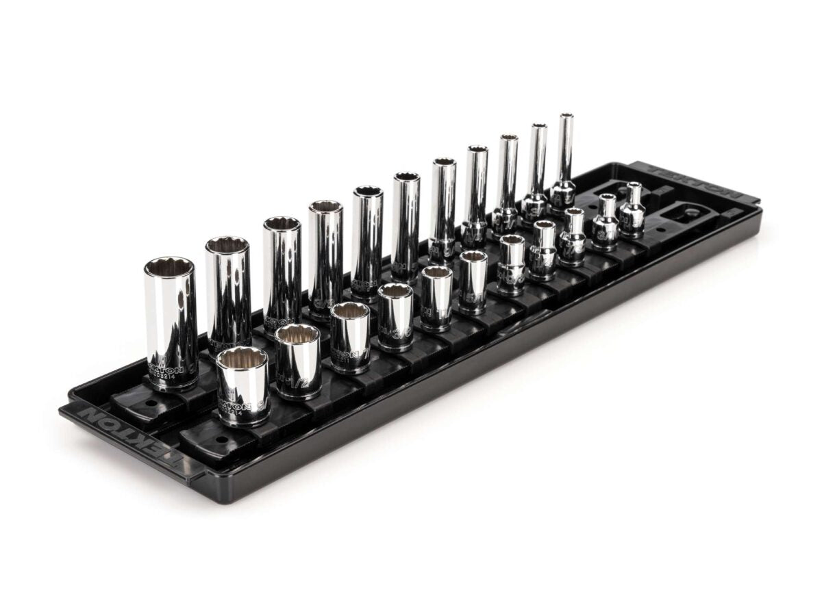 TEKTON 1/4 Inch Drive 12-Point Socket Set with Rails and Tray, 22-Piece (5/32-9/16 in.) | SHD90213