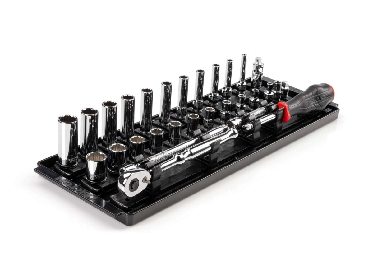 TEKTON 1/4 Inch Drive 12-Point Socket and Ratchet Set with Rails and Tray, 29-Piece (5/32-9/16 in.) | SKT03102