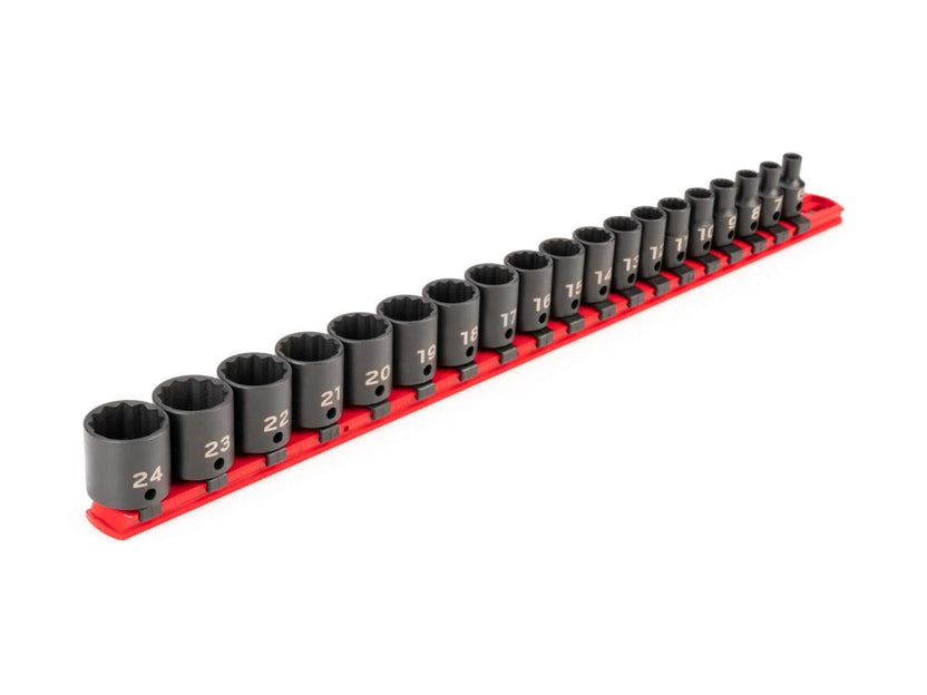 TEKTON 3/8 Inch Drive 12-Point Impact Socket Set with Rail, 19-Piece (6-24 mm) | SID91114 Main image