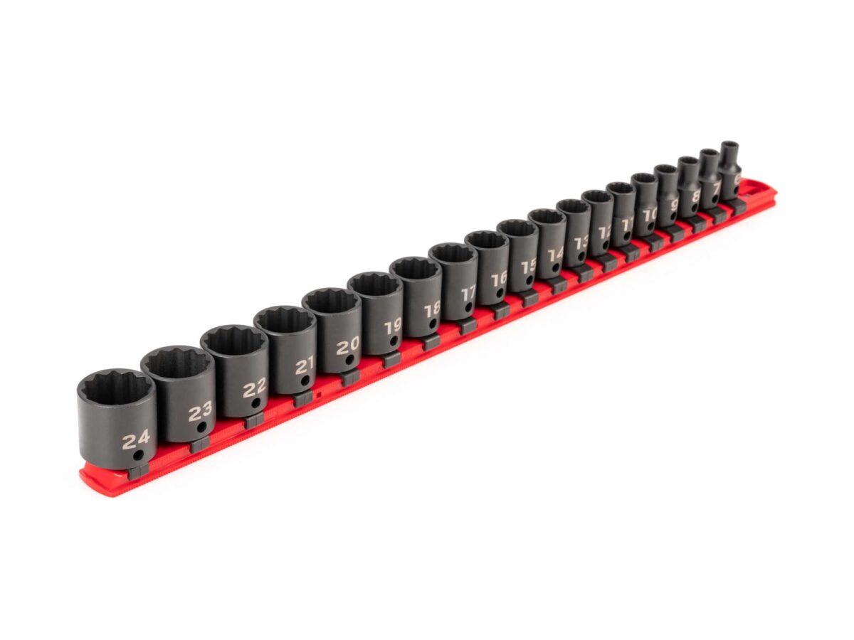 TEKTON 3/8 Inch Drive 12-Point Impact Socket Set with Rail, 19-Piece (6-24 mm) | SID91114