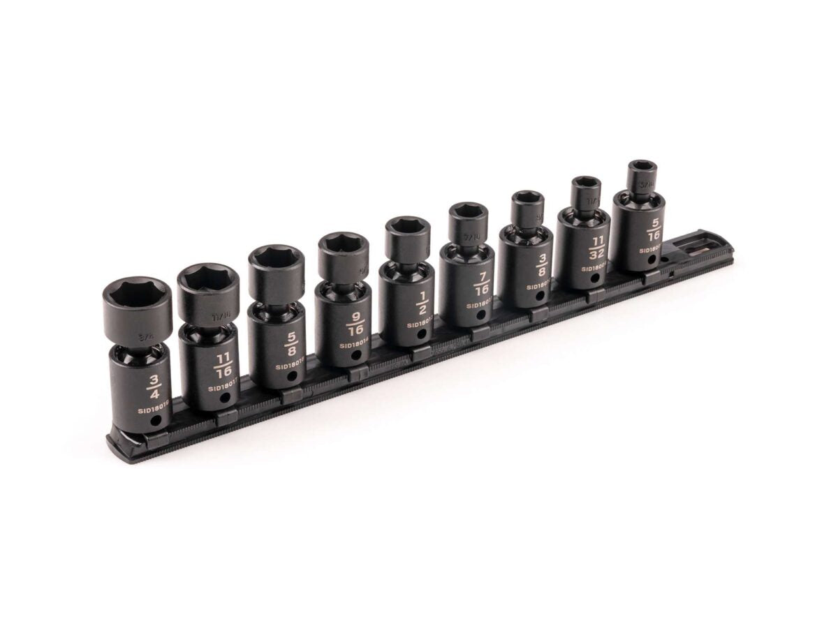 TEKTON 3/8 Inch Drive 6-Point Universal Joint Impact Socket Set with Rail, 9-Piece (5/16-3/4 in.) | SID97100 Main image