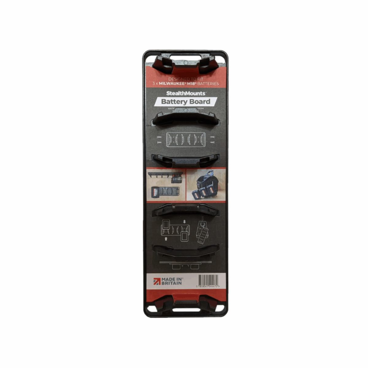Magnetic Battery Board for Milwaukee M18 Cordless Power Tool Batteries by StealthMounts | Store, Organise & Transport | STRONG Injection-Moulded ABS
