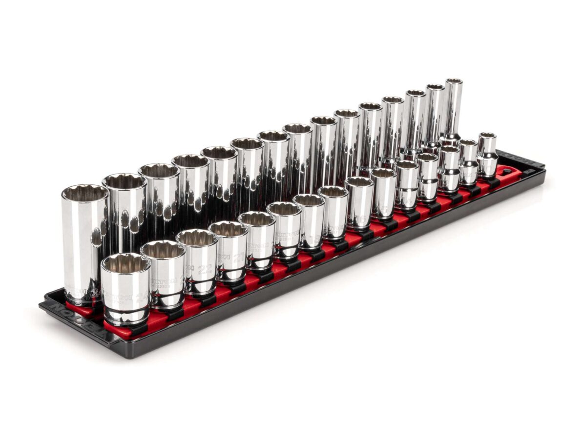 TEKTON 1/2 Inch Drive 12-Point Socket Set with Rails and Tray, 30-Piece (10-24 mm) | SHD92212