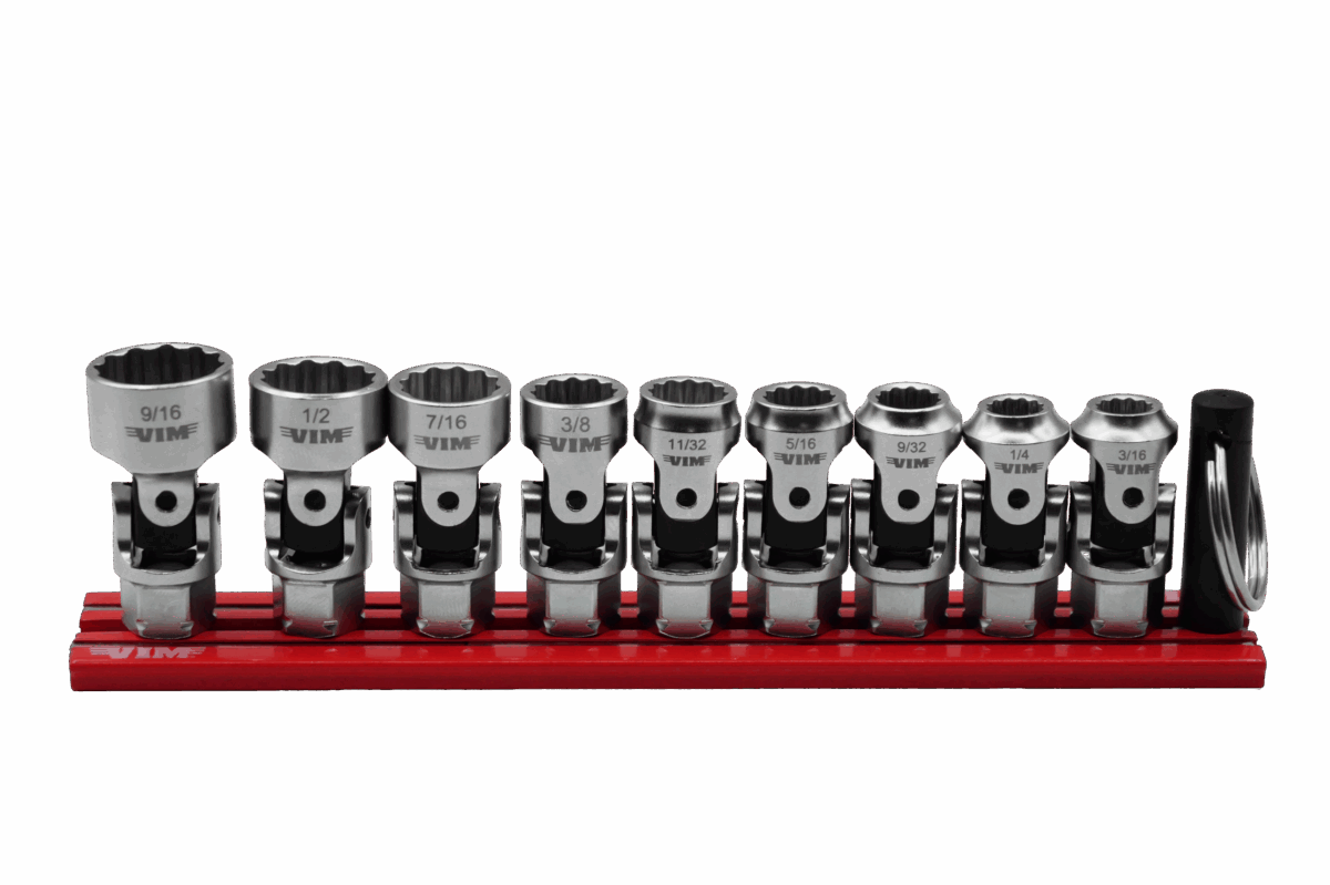 VIM Tools 9 Piece 12 Point Dual Drive Stubby UJ SAE Socket Set - 1/4 Inch X 11 mm Drive - Red Magrail Main image